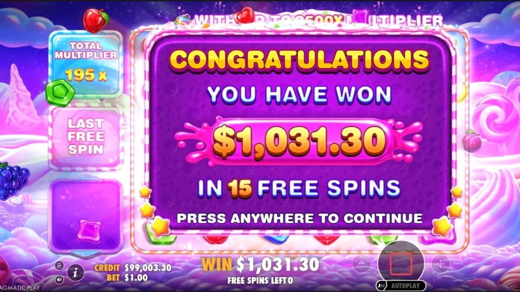 Tampilan visual penuh warna dari slot Sweet Bonanza 2500 dengan simbol permen dan buah-buahan.