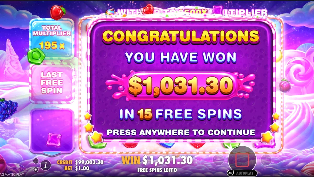 Tampilan visual penuh warna dari slot Sweet Bonanza 2500 dengan simbol permen dan buah-buahan.
