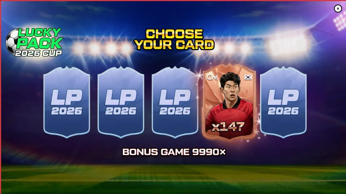 Tampilan visual slot Lucky Pack 2026 Cup dengan elemen stadion dan simbol sepak bola