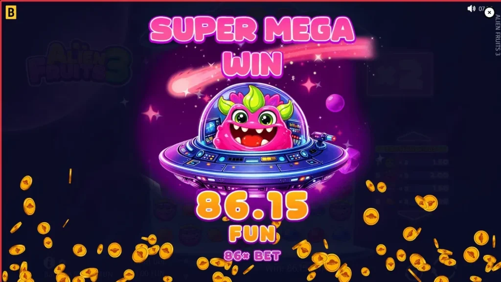 Tampilan visual slot Alien Fruits 3 dengan tema luar angkasa neon