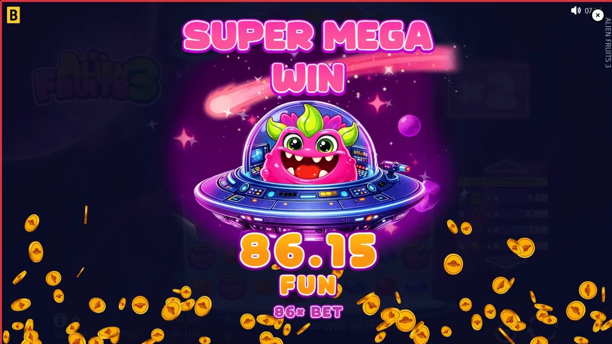 Tampilan visual slot Alien Fruits 3 dengan tema luar angkasa neon